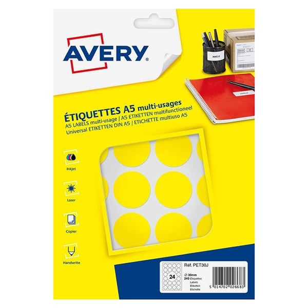 Avery Etykiety do znakowania Avery Zweckform PET30R żółte, 240 etykiet, fi 30 mm AV-PET30J 212723 - 1