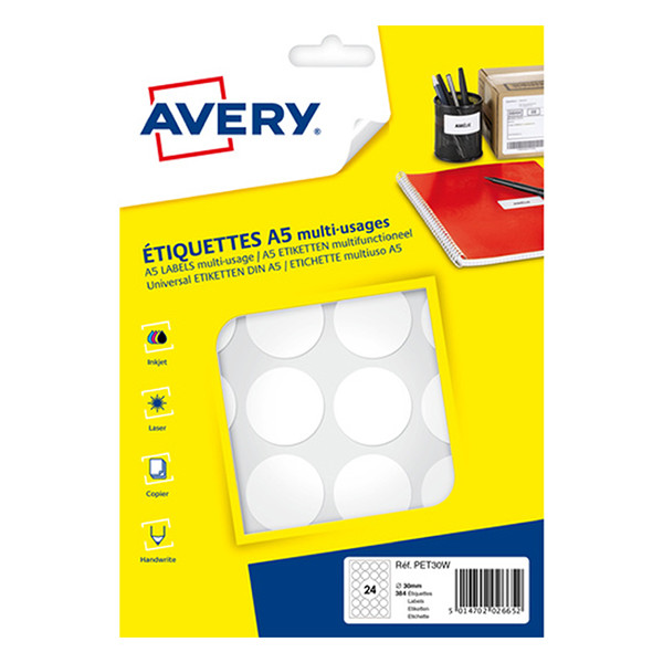 Avery Etykiety do znakowania Avery Zweckform PET30R białe, 240 etykiet, fi 30 mm AV-PET30W 212726 - 1