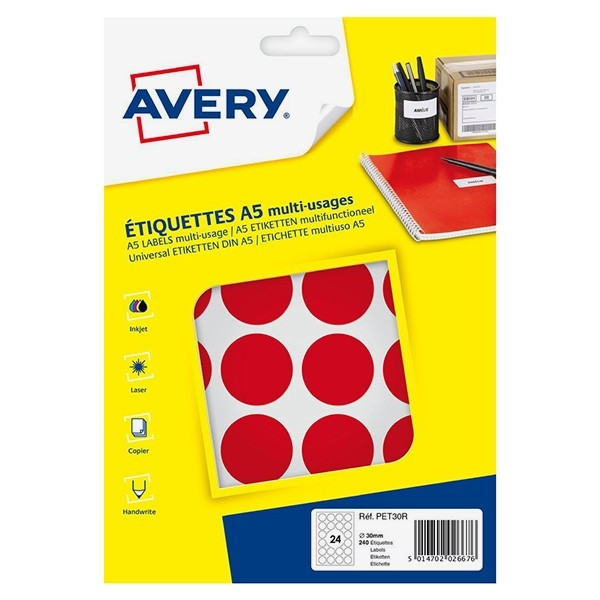 Avery Etykiety do znakowania Avery Zweckform PET30R czerwone, 240 etykiet, fi 30 mm AV-PET30R 212724 - 1