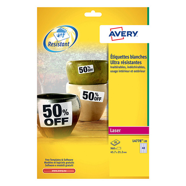 Avery Etykiety odporne na warunki atmosferyczne Avery Zweckform L4778-20 45,7 x 21,2 mm (960 etykiet) L4778-20 212418 - 1