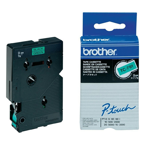 Brother TC-791 taśma, nadruk czarny na zielonym tle, 9 mm, oryginalna TC-791 088862 - 1