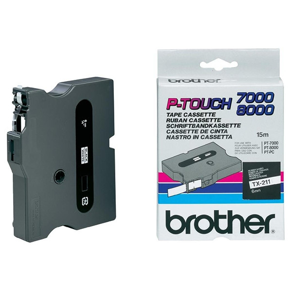 Brother TX-211 taśma, nadruk czarny na białym tle, 6 mm, oryginalna TX211 080232 - 1