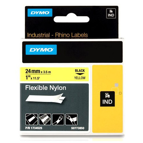 Dymo 1734525 IND Rhino elastyczna taśma nylonowa, nadruk czarny na żółtym 24 mm, oryginalna 1734525 S0773850 088724 - 1