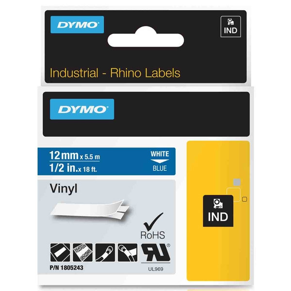 Dymo 1805243 IND Rhino taśma winylowa, nadruk biały na niebieskim 12 mm, oryginalna 1805243 088646 - 1