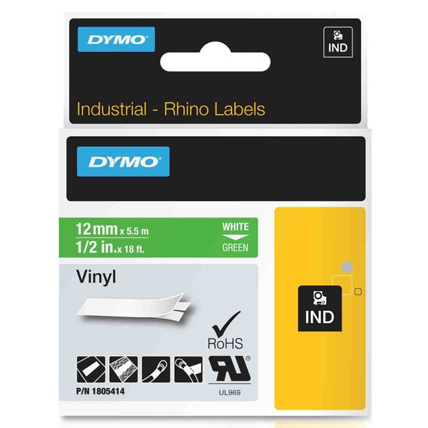 Dymo 1805414 IND Rhino taśma winylowa, nadruk biały na zielonym 12 mm, oryginalna 1805414 088640 - 1