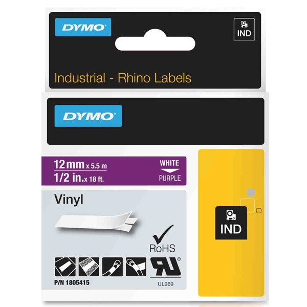 Dymo 1805415 IND Rhino taśma winylowa, nadruk biały na fioletowym 12 mm, oryginalna 1805415 088652 - 1