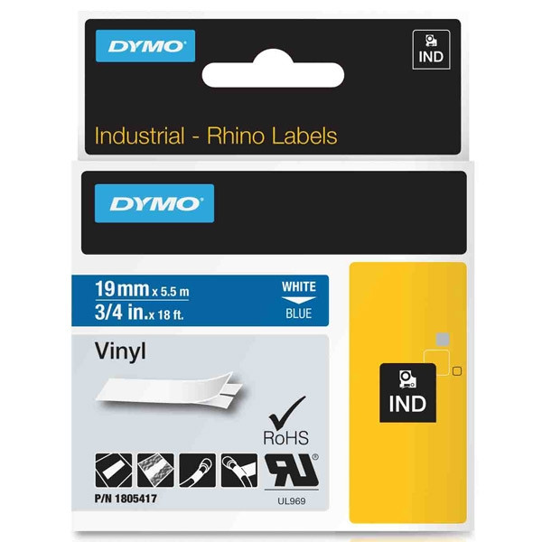 Dymo 1805417 IND Rhino taśma winylowa, nadruk biały na niebieskim 19 mm, oryginalna 1805417 088648 - 1