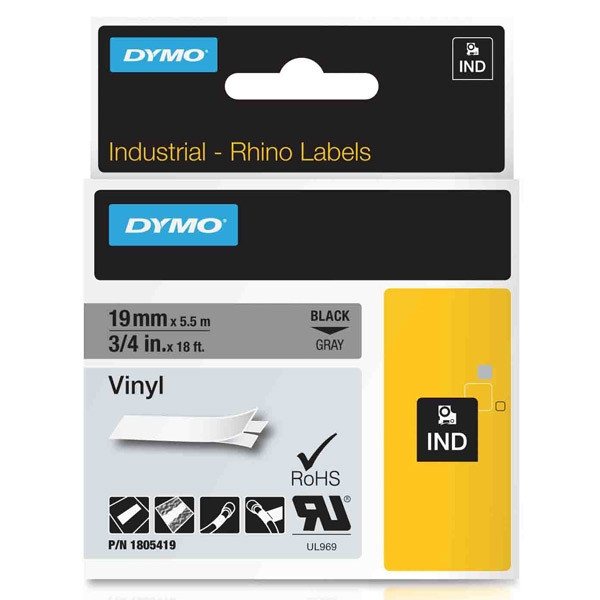 Dymo 1805419 IND Rhino taśma winylowa, nadruk czarny na szarym 19 mm, oryginalna 1805419 088622 - 1