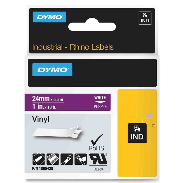 Dymo 1805428 IND Rhino taśma winylowa, nadruk biały na fioletowym 24 mm, oryginalna 1805428 088656 - 1