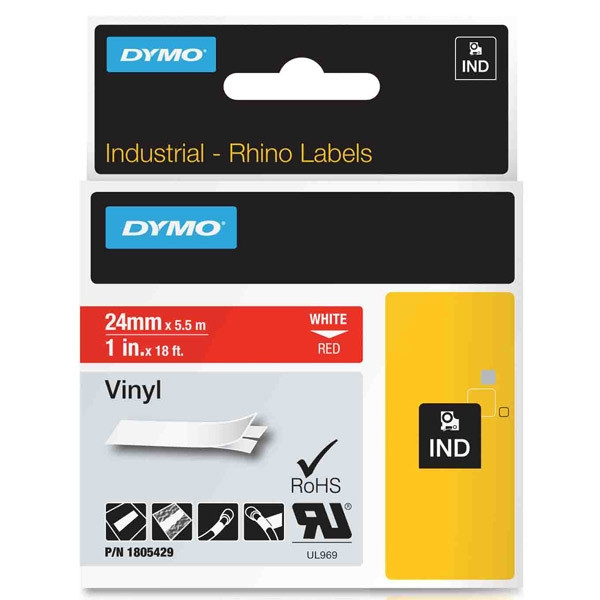 Dymo 1805429 IND Rhino taśma winylowa, nadruk biały na czerwonym 24 mm, oryginalna 1805429 088630 - 1