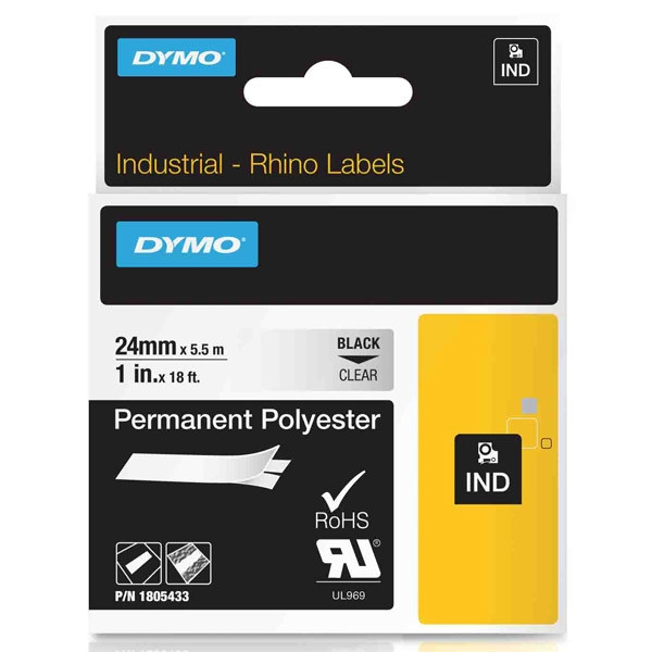 Dymo 1805433 IND Rhino trwała taśma poliestrowa, nadruk czarny na przezroczystym 24 mm, oryginalna 1805433 088682 - 1