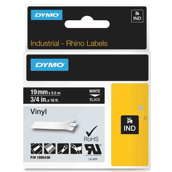 Dymo 1805436 IND Rhino taśma winylowa, nadruk biały na czarnym 19 mm, oryginalna 1805436 088636 - 1