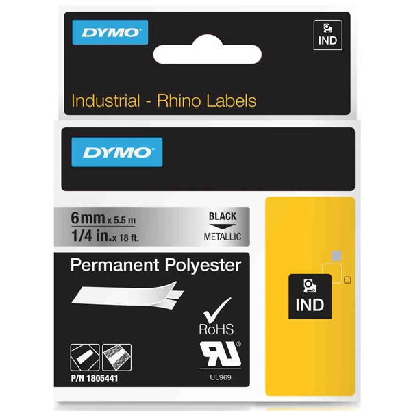 Dymo 1805441 IND Rhino trwała taśma poliestrowa, nadruk czarny na metalicznym 6 mm, oryginalna 1805441 088684 - 1