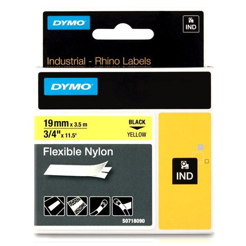 Dymo S0718090 / 18491 IND Rhino elastyczna taśma nylonowa, nadruk czarny na żółtym 19 mm, oryginalna 18491 S0718090 088722 - 1