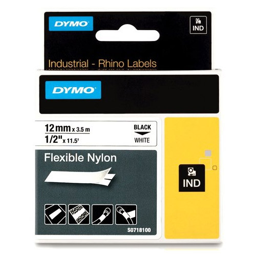 Dymo S0718100 / 18488 IND Rhino elastyczna taśma nylonowa, nadruk czarny na białym 12 mm, oryginalna 18488 088714 - 1