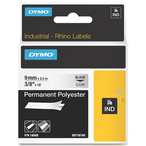 Dymo S0718160 / 18508DMO IND Rhino trwała taśma poliestrowa, nadruk czarny na przezroczystym 9 mm, oryginalna 18508DMO S0718160 088676 - 1