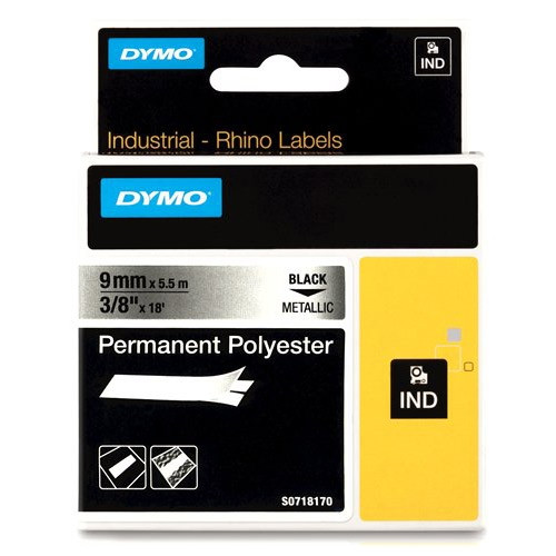 Dymo S0718170 / 18485 IND Rhino trwała taśma poliestrowa, nadruk czarny na metalicznym 9 mm, oryginalna 18485 SS071817 088686 - 1