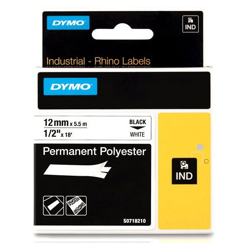 Dymo S0718210 / 18483 IND Rhino trwała taśma poliestrowa, nadruk czarny na białym 12 mm, oryginalna 18483 S0718210 088668 - 1