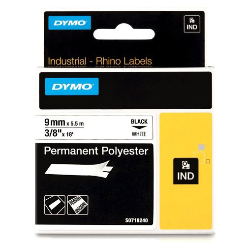 Dymo S0718240 / 18482 IND Rhino trwała taśma poliestrowa, nadruk czarny na białym 9 mm, oryginalna 18482 S0718240 088666 - 1