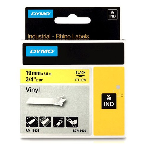 Dymo S0718470 / 18433 IND Rhino taśma winylowa, nadruk czarny na żółtym 19 mm, oryginalna 18433 S0718470 088610 - 1