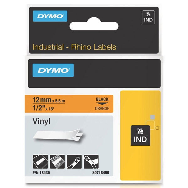 Dymo S0718490 / 18435 IND Rhino taśma winylowa, nadruk czarny na pomarańczowym 12 mm, oryginalna 18435 S0718490 088614 - 1