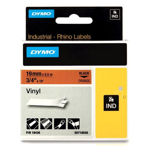 Dymo S0718500 / 18436 IND Rhino taśma winylowa, nadruk czarny na pomarańczowym 19 mm, oryginalna 18436 S0718500 088616 - 1