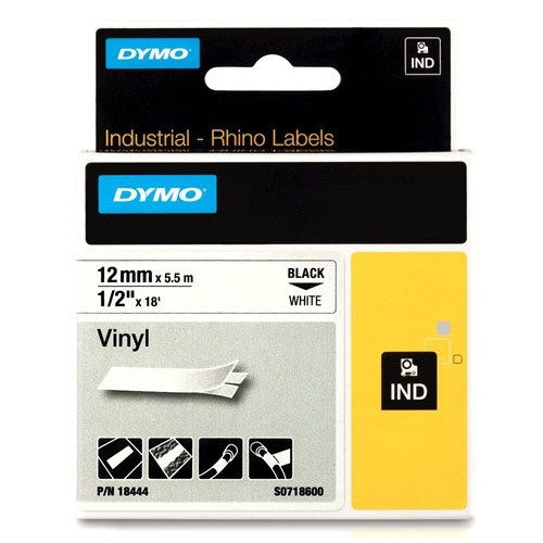 Dymo S0718600 / 18444 IND Rhino taśma winylowa, nadruk czarny na białym 12 mm, oryginalna 18444 088602 - 1