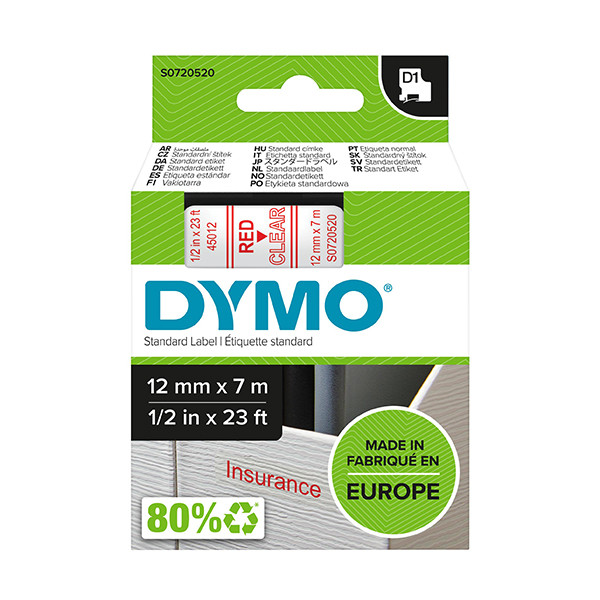 Dymo S0720520 / 45012 taśma, nadruk czerwony na przezroczystym 12 mm, oryginalna S0720520 088204 - 1