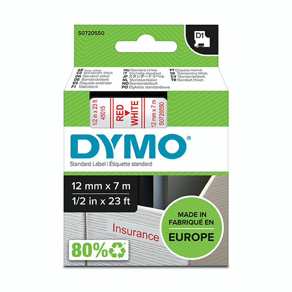 Dymo S0720550 / 45015 taśma, nadruk czerwony na białym 12 mm, oryginalna S0720550 088210 - 1