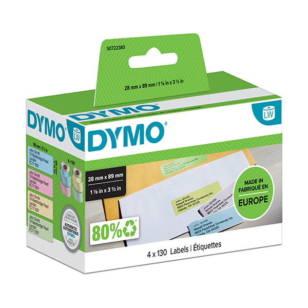 Dymo S0722380 / 99011 kolorowe etykiety adresowe, 4 kolory, żółty, różowy, niebieski i zielony, oryginalne S0722380 088502 - 1