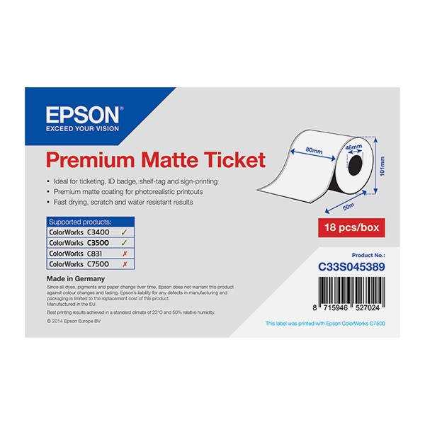 Epson C33S045389 etykieta matowa - ciągła 80 mm x 50 m, oryginalna C33S045389 083368 - 1