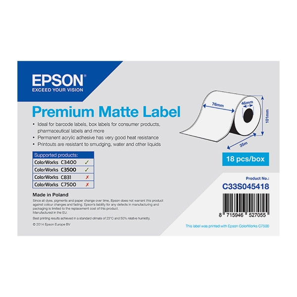 Epson C33S045418 etykieta matowa - ciągła 76 mm x 35 m, oryginalna C33S045418 083384 - 1