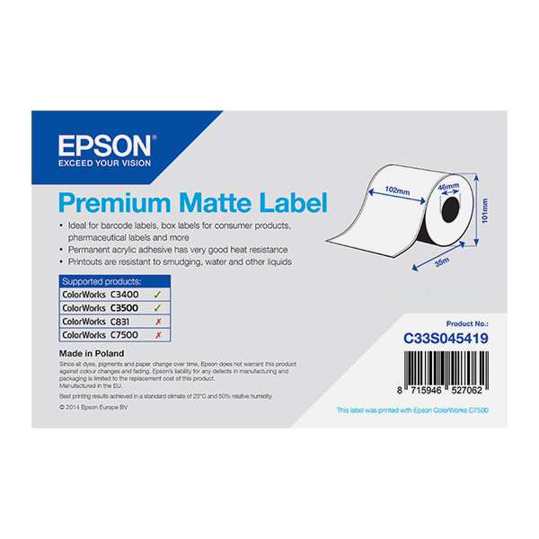 Epson C33S045419 etykieta matowa - ciągła 102 mm x 35 m, oryginalna C33S045419 083382 - 1