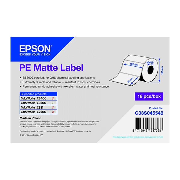 Epson C33S045548 PE etykiety matowe 102 x 76 mm, oryginalne C33S045548 083396 - 1