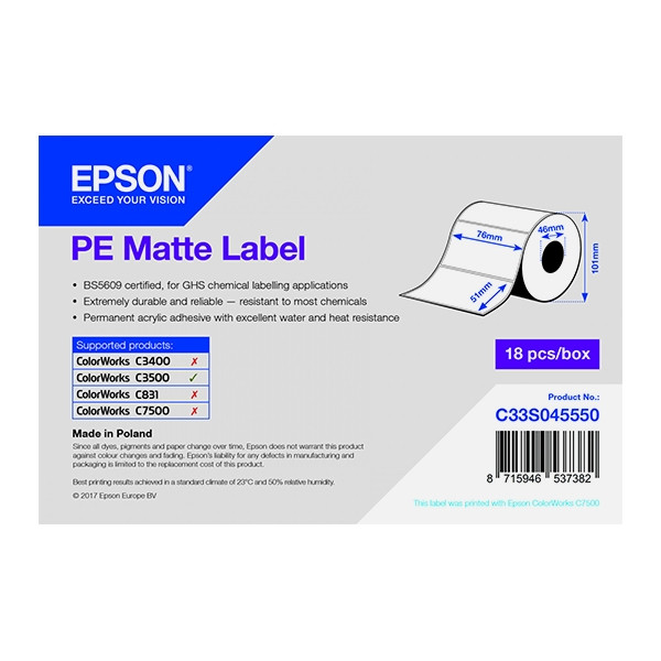 Epson C33S045550 PE etykiety matowe - ciągłe 76 x 51 mm, oryginalne C33S045550 083392 - 1