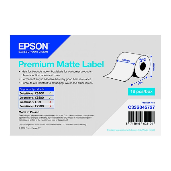 Epson C33S045727 etykieta matowa - ciągła 105 mm x 35 m, oryginalna C33S045727 083388 - 1