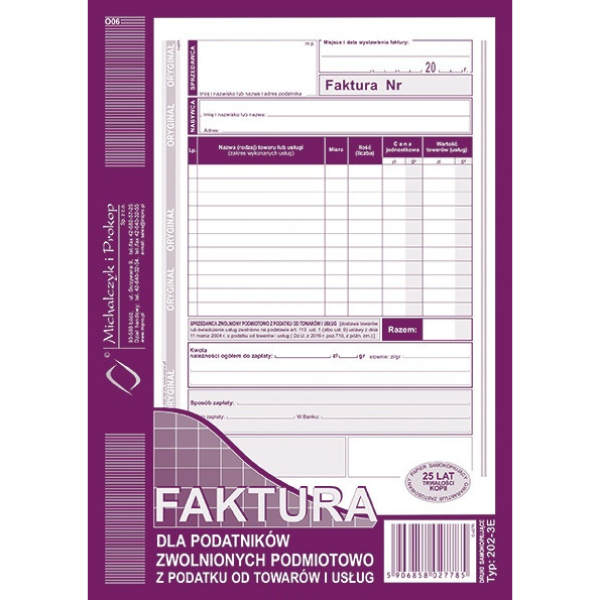 Faktura dla podatników zwolnionych podmiotowo z podatku od towarów i usług 202-3e 202-3E 246873 - 1