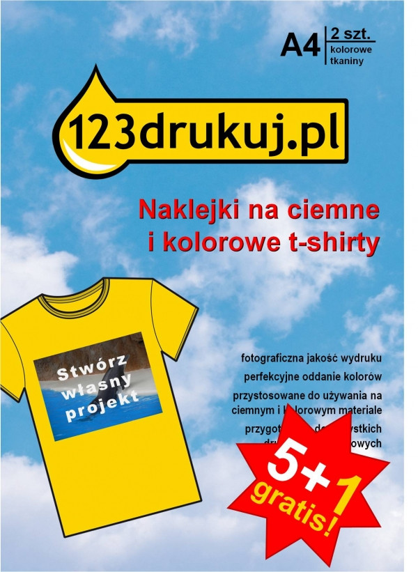 Promocja: 5 opakowań papieru transferowego na ciemne i kolorowe T-shirty 123drukuj + 1 opakowanie GRATIS  060860 - 1