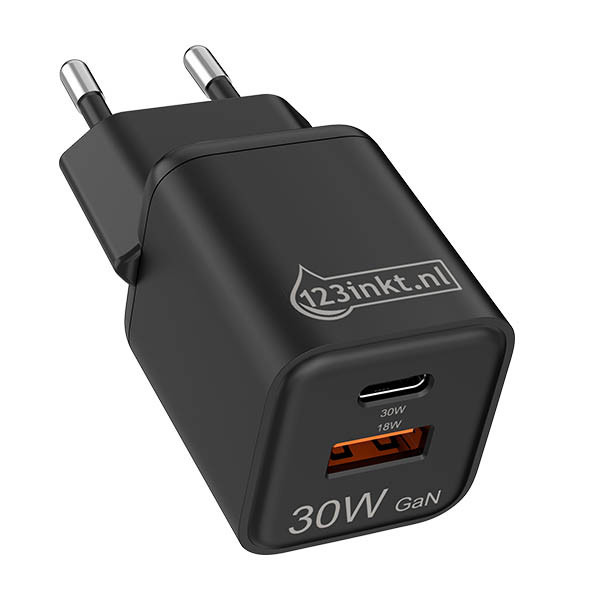 Szybka ładowarka USB-C + USB-A | 30 W | czarna | 123drukuj 303611 - 1