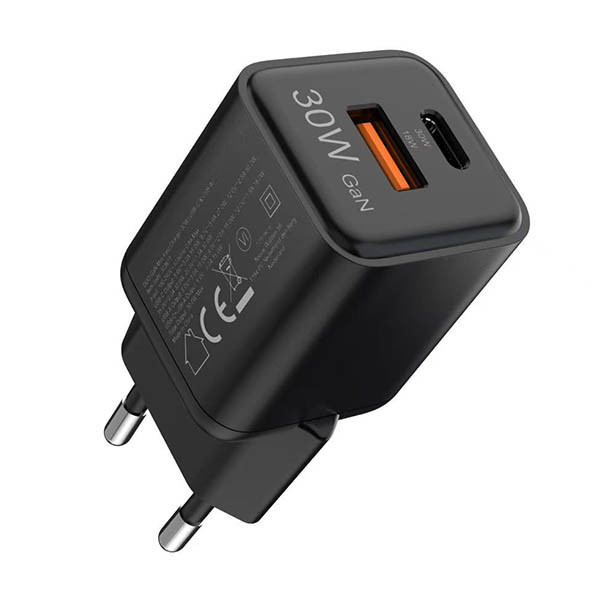 Szybka ładowarka USB-C + USB-A | 30 W | czarna | 123drukuj 303611 - 2