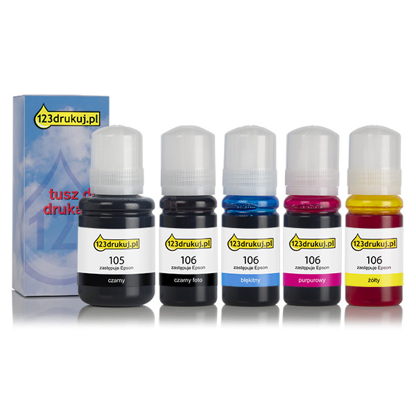 Zestaw promocyjny: Epson 105/106: 2 tusze czarne + 3 kolory, wersja 123drukuj C13T00Q140C C13T00R140C C13T00R240C C13T00R340C C13T00R440C 127045 - 1
