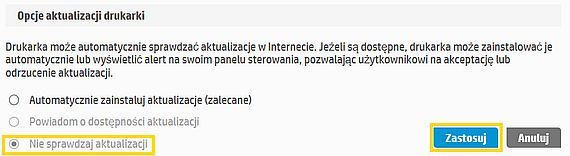 opcje aktualizacji drukarki - nie sprawdzaj aktualizacji